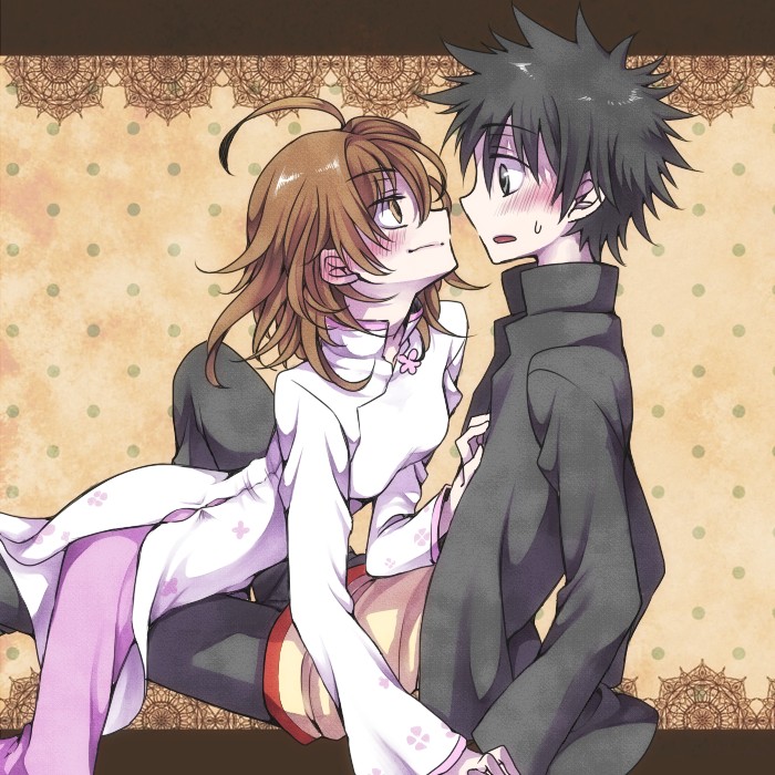 1boy, 1girl, black_hair, blush, brown_eyes, brown_hair, kamijou_touma, misaka_worst, school_uniform, side_slit, spiked_hair, spring_water, toaru_majutsu_no_index, ao_dai