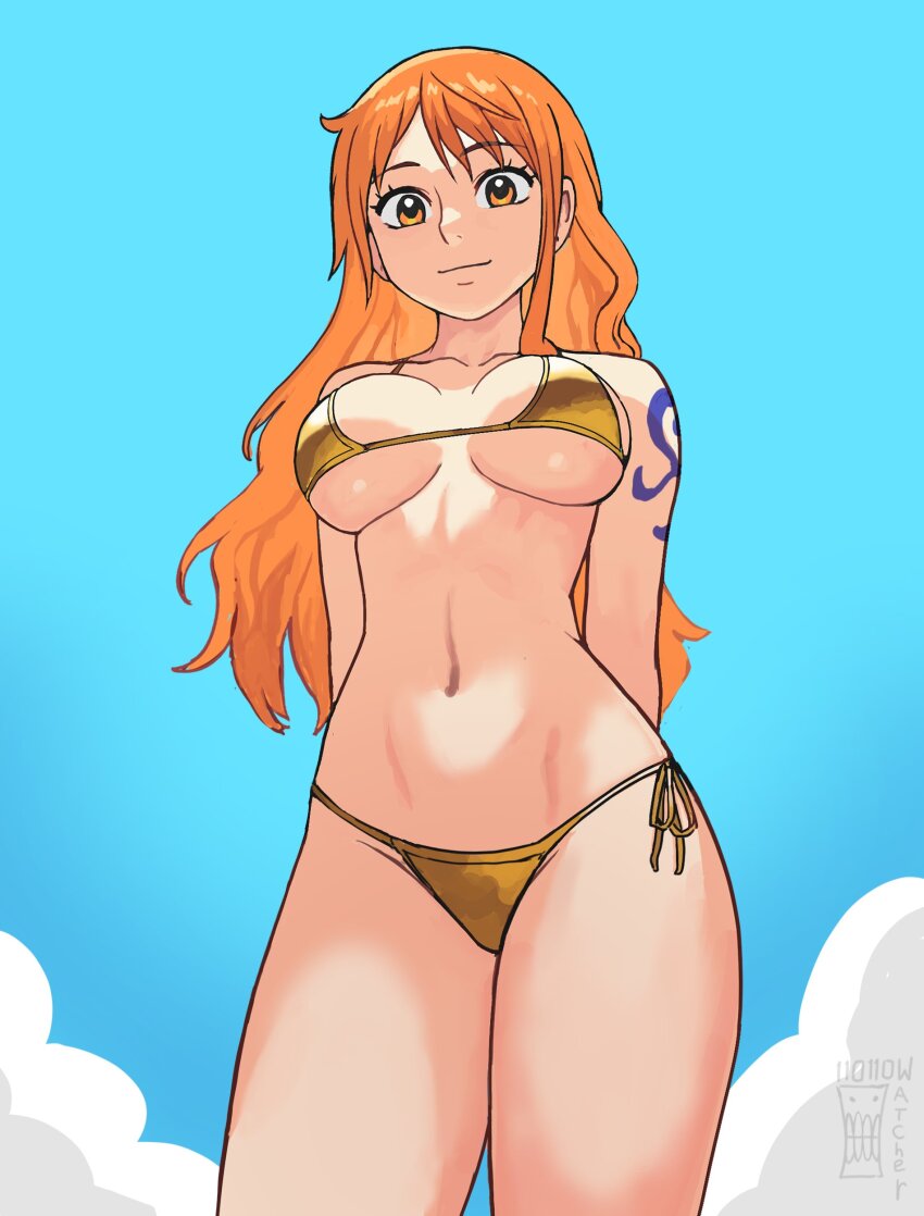 1girl, absurdres, arms_behind_back, artist_logo, artist_name, asymmetrical_sidelocks, bare_arms, bare_legs