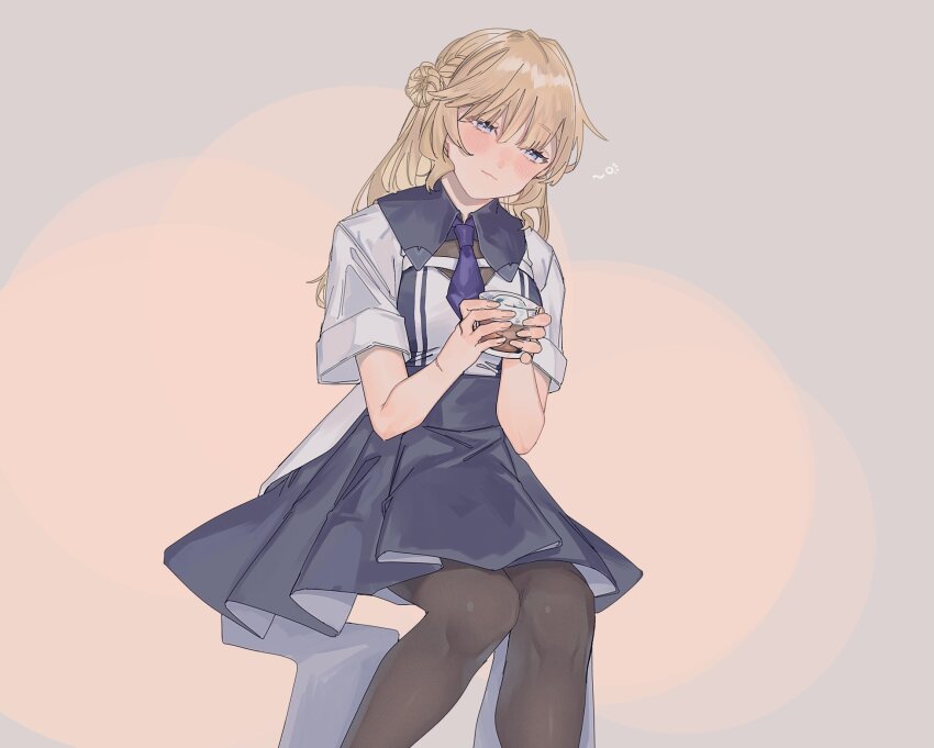1girl, alcohol, black_pantyhose, blonde_hair, blue_eyes, blush, closed_mouth, cup