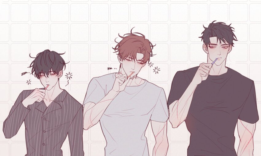 3boys, absurdres, black_hair, black_shirt, brown_hair, character_request, checkered_background, closed_eyes