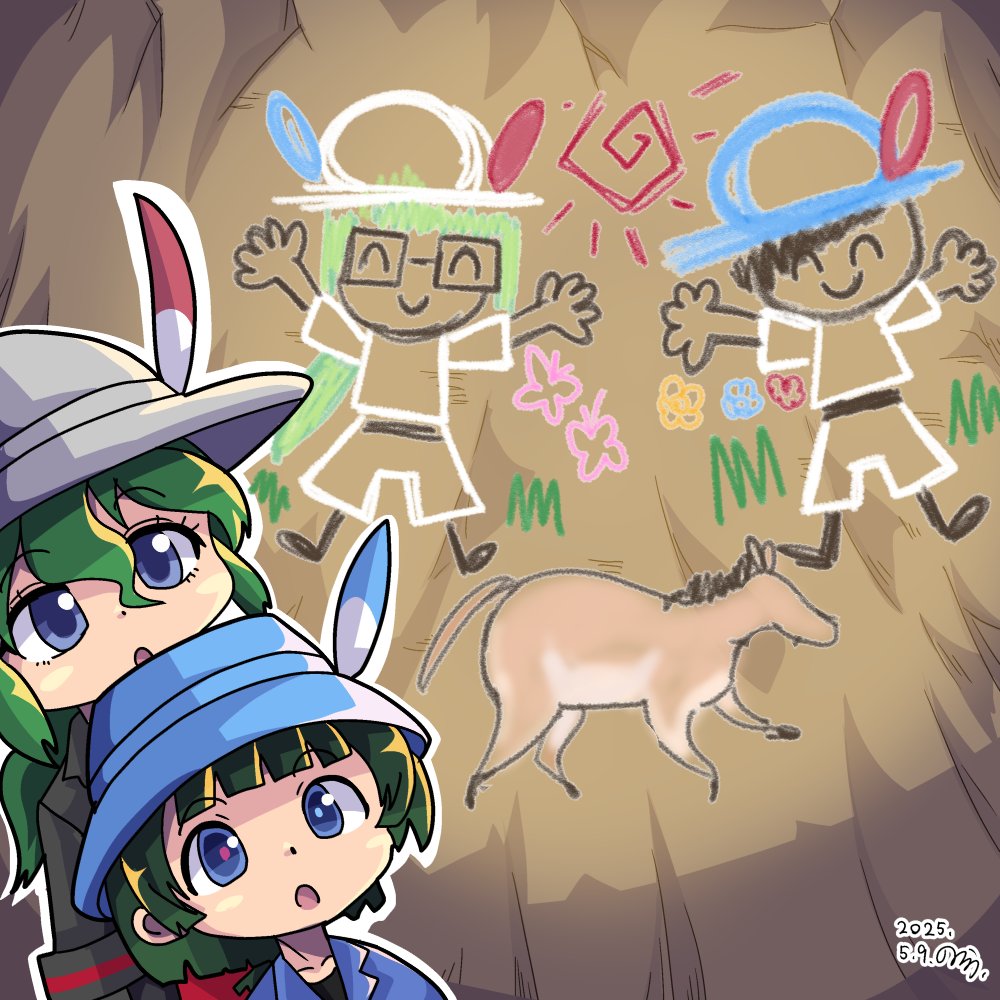 2boys, 2girls, black_hair, blue_eyes, captain_(kemono_friends), cave_interior, cave_paintings, child's_drawing