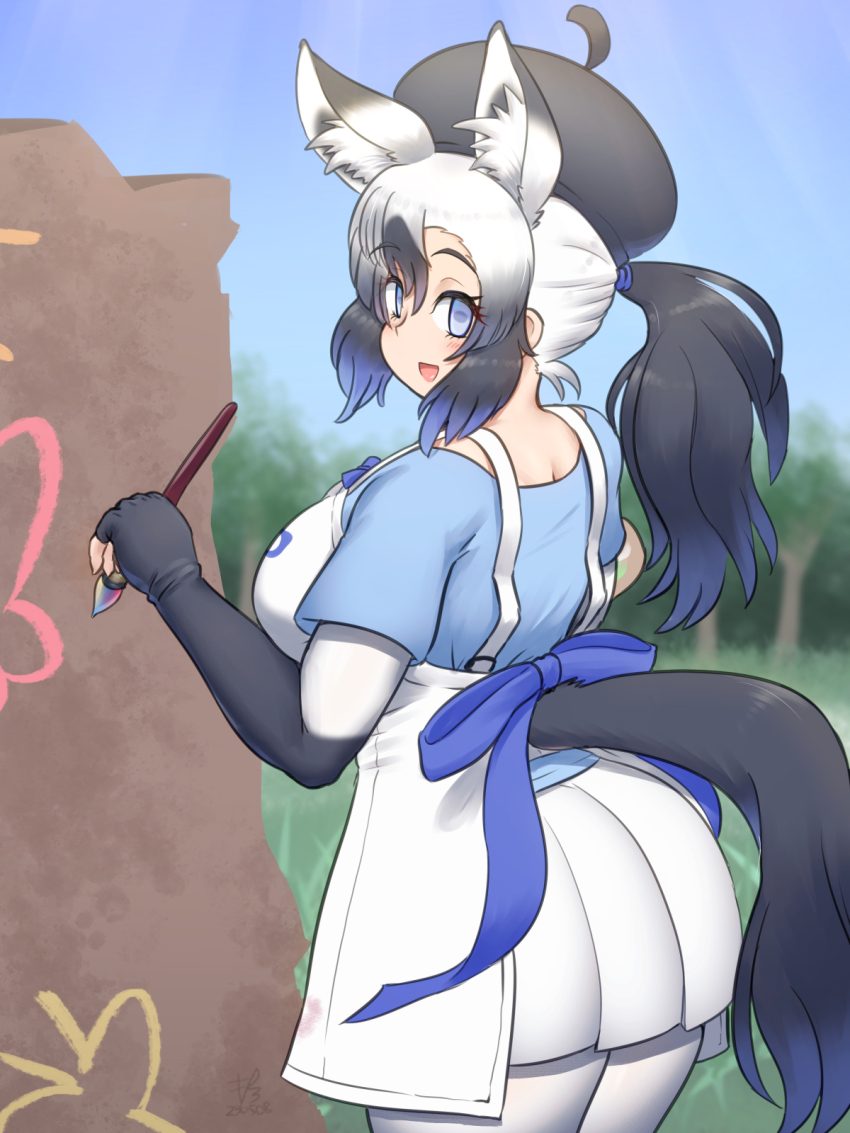 1girl, animal_ears, apron, blue_eyes, blush, breasts, empty_eyes, full_body