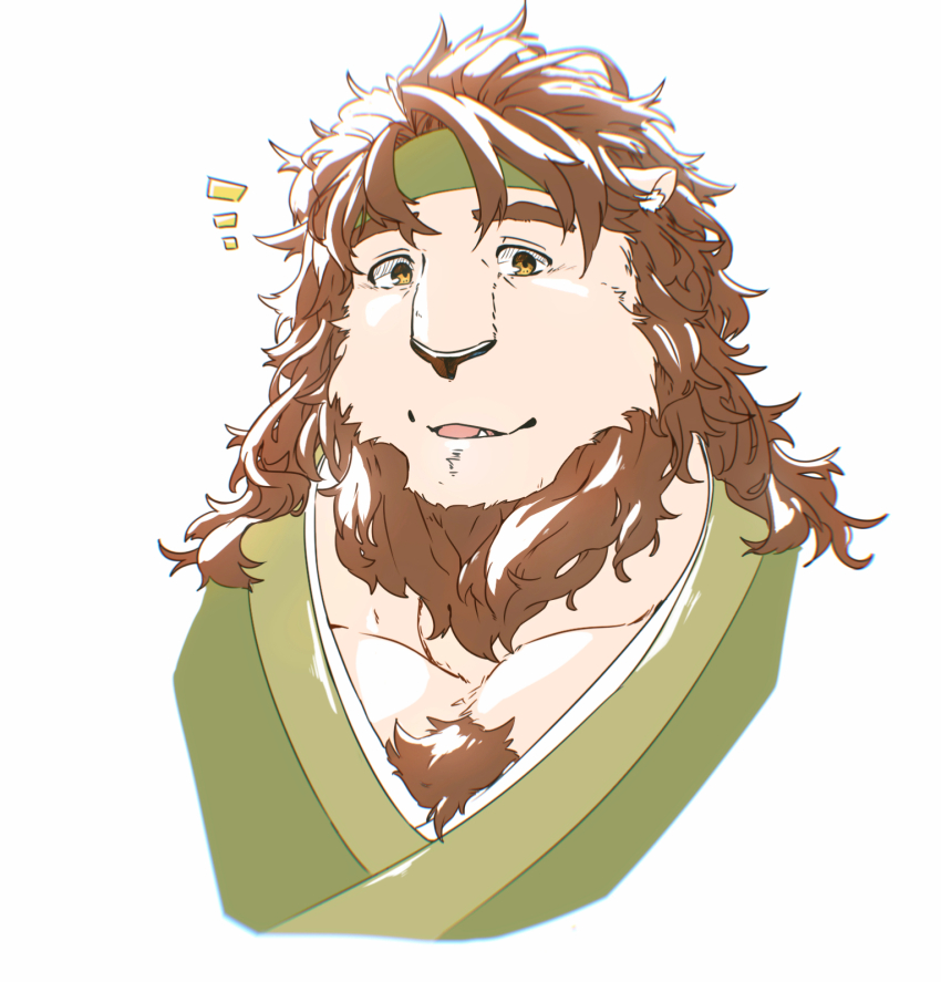 1boy, animal_ears, bara, fang, furry, furry_male, giga_lacan, highres, lion_boy, lion_ears, lion_mane, looking_at_viewer, male_focus, muscular, muscular_male, notice_lines, open_mouth, pectorals, upper_body, utau, weng-yu_2010, white_background