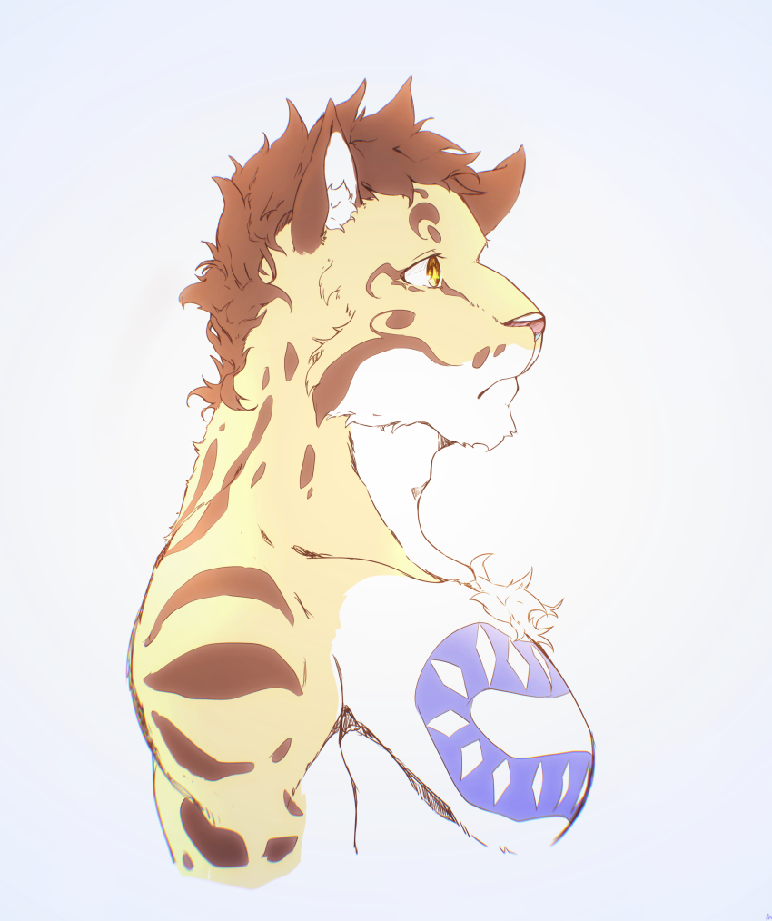 1boy, absurdres, animal_ears, chest_tattoo, closed_mouth, commentary_request, from_side, furry