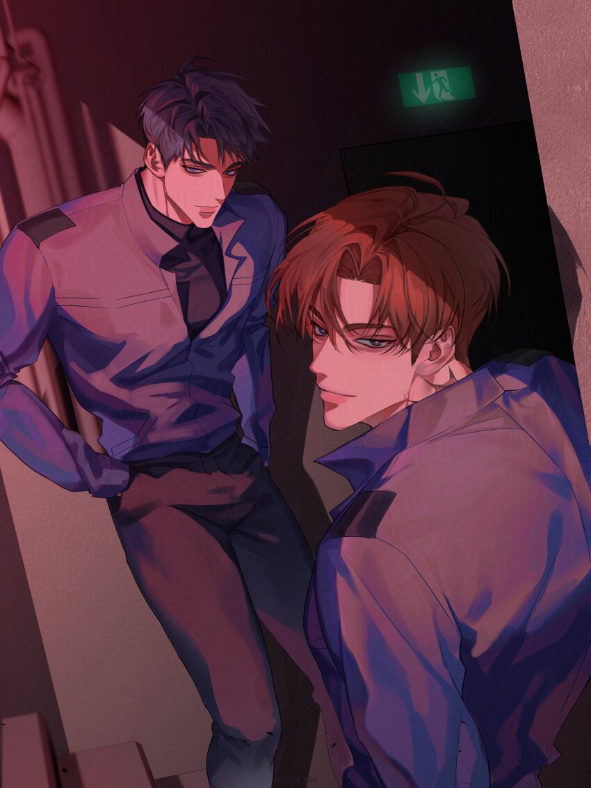 2boys, absurdres, black_hair, black_pants, black_shirt, blurry, blurry_background, character_request