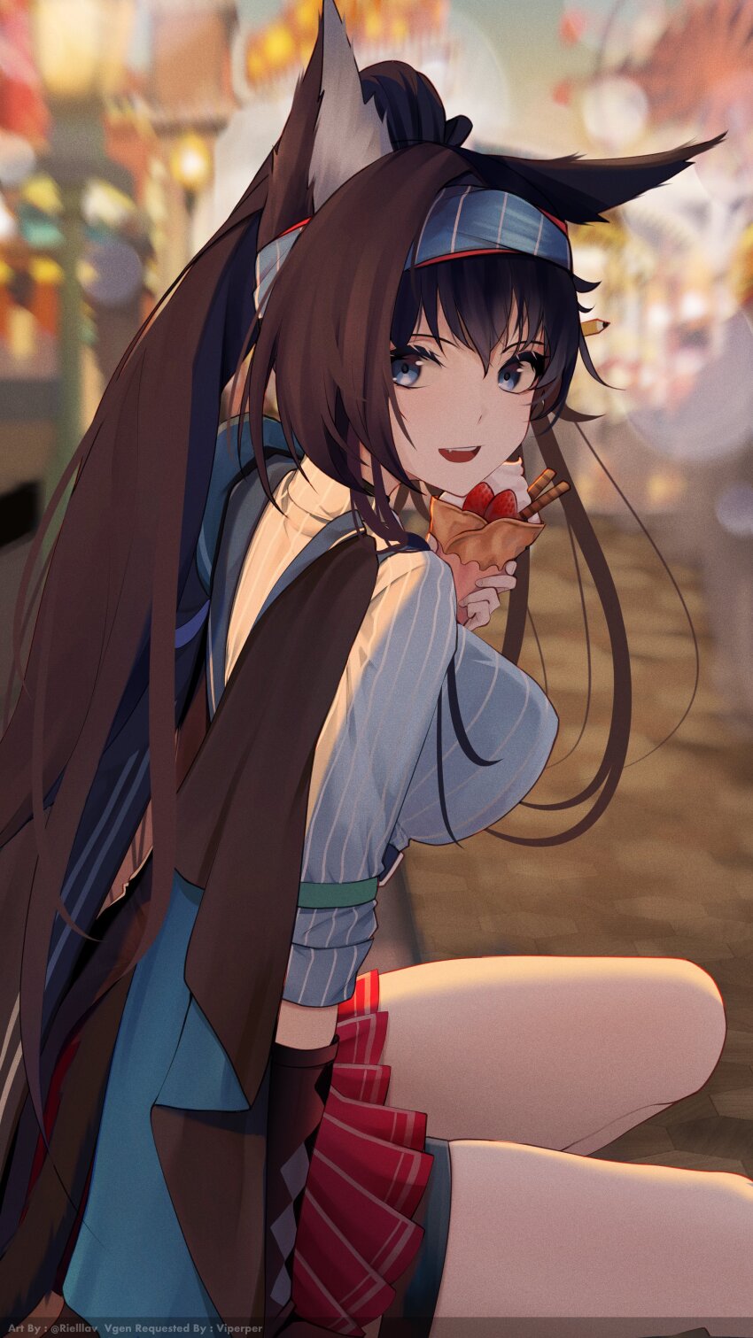 1girl, absurdres, animal_ears, arknights, blaze_(arknights), blaze_(explosive_blue_flame)_(arknights), blue_hairband, breasts, brown_hair, cat_ears, cat_girl, commentary_request, crepe, food, from_side, hairband, highres, holding, holding_food, large_breasts, lavriell, long_hair, looking_at_viewer, official_alternate_costume, sitting, skirt, smile, solo, watermark