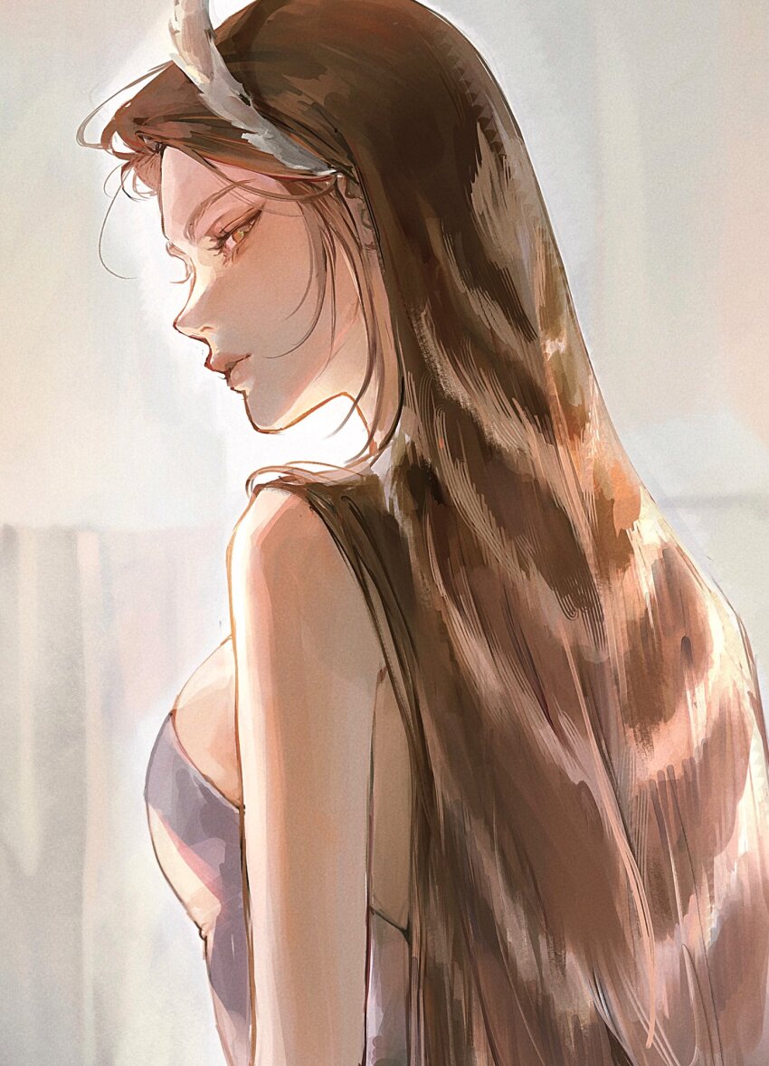 1girl, bare_shoulders, breasts, brown_eyes, brown_hair, closed_mouth, dang0_23, dress