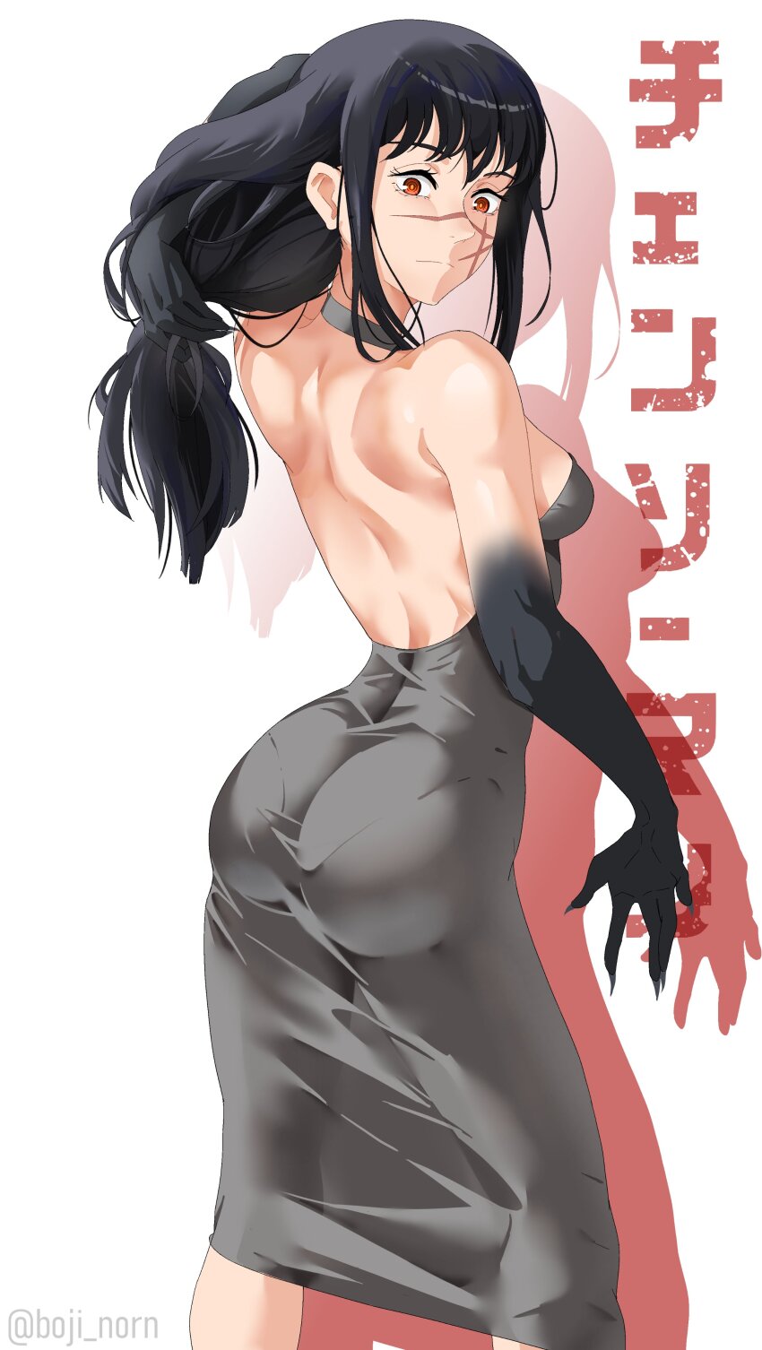 1girl, absurdres, bare_shoulders, black_choker, black_hair, boji_norn, chainsaw_man, choker