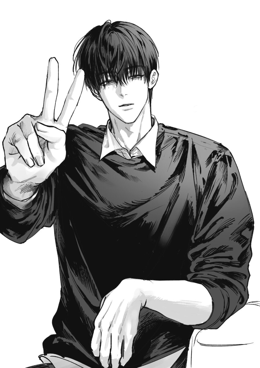 1boy, black_hair, black_sweater, collared_shirt, commentary_request, dang0_23, grey_eyes, hair_between_eyes