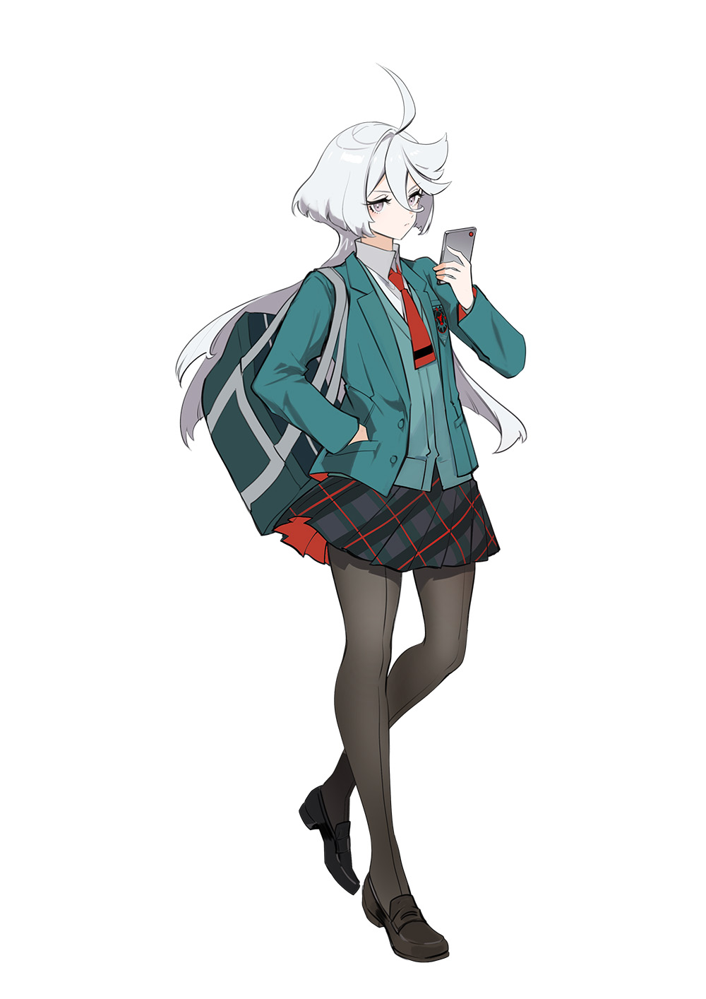 1girl, ahoge, bag, black_pantyhose, black_shoes, black_skirt, blazer, cardigan