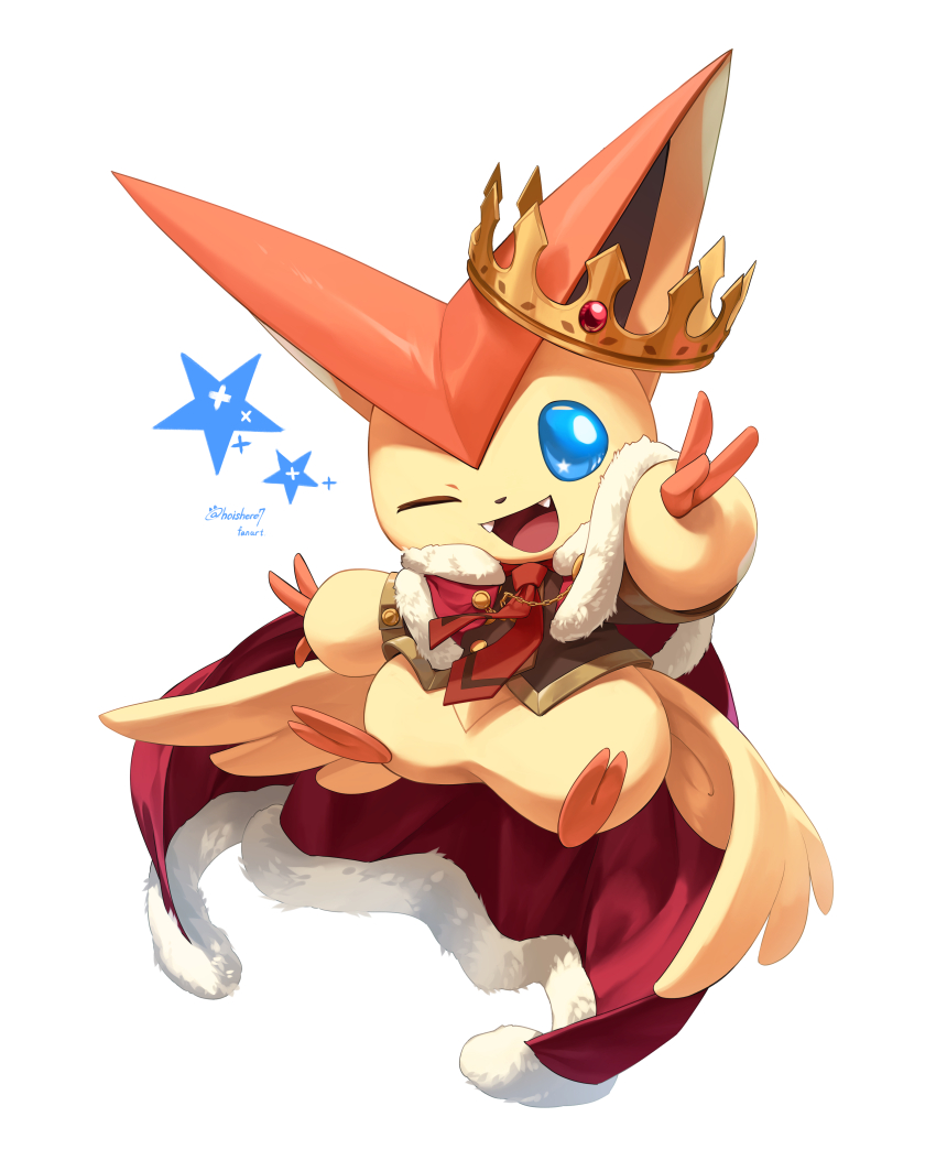 ;d, absurdres, blue_eyes, cape, commentary_request, crown, fangs, fur-trimmed_cape