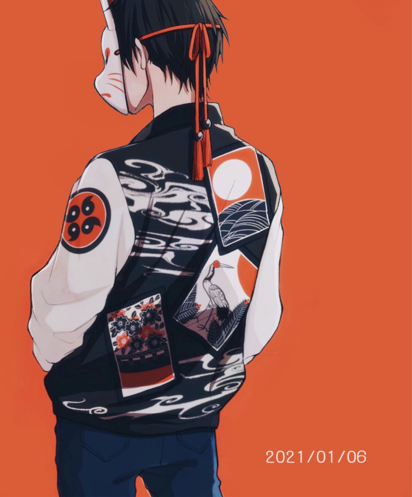 1boy, black_hair, blue_pants, commentary_request, cowboy_shot, dated, denim, fox_mask