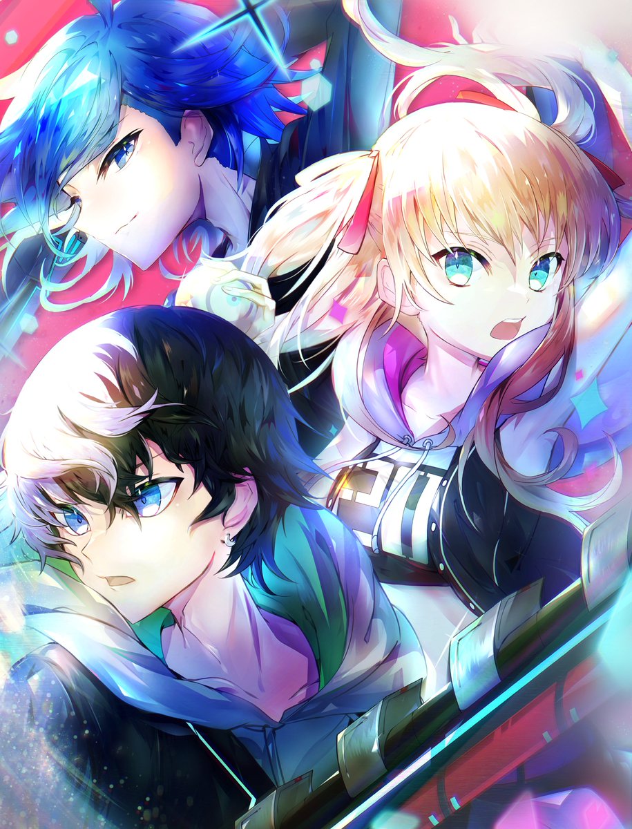 1girl, 2boys, aoyama_kazuki, aqua_eyes, arm_up, ball, black_hair, black_jacket