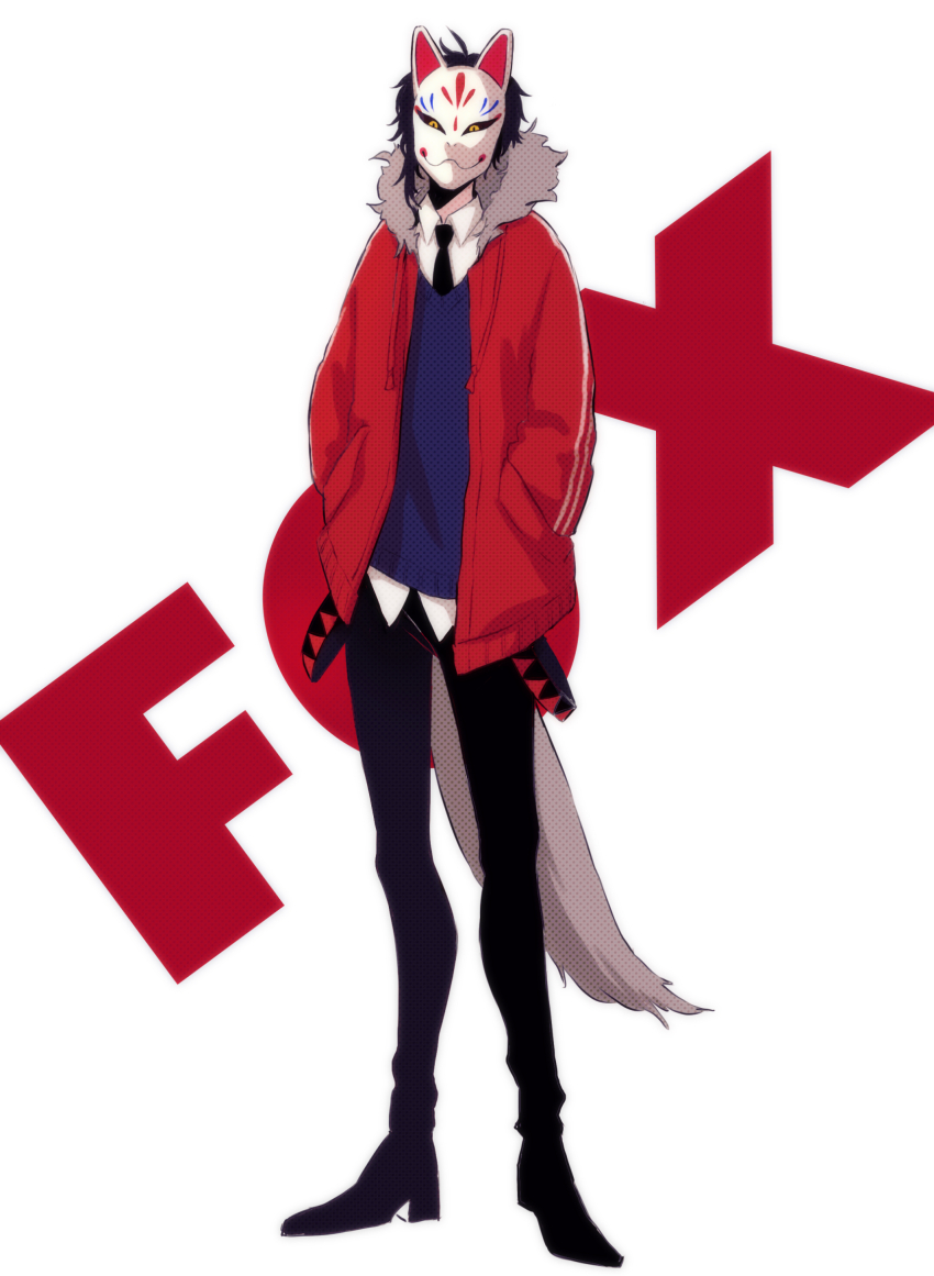 1boy, black_hair, black_necktie, black_pantyhose, black_shoes, blue_sweater_vest, collared_shirt, commentary_request