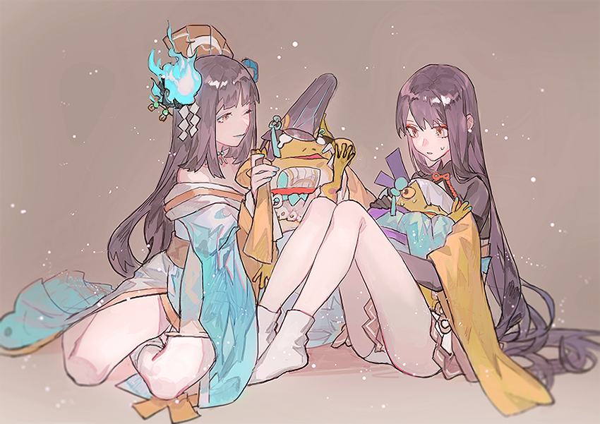 2girls, aoandon, black_hair, blue_eyeshadow, blue_fire, collared_shrug, eyeshadow, fire