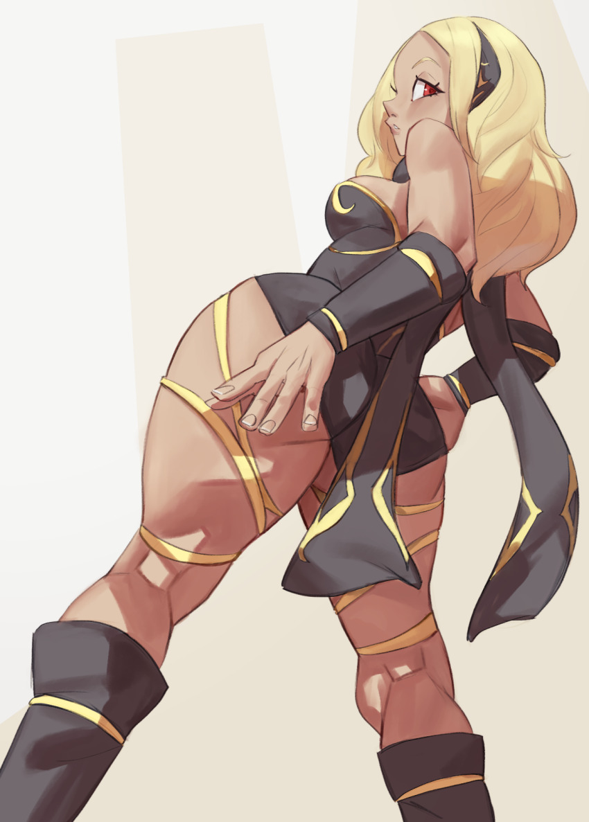 1girl, ass, blonde_hair, breasts, cream_background, dark-skinned_female, dark_skin, detached_sleeves