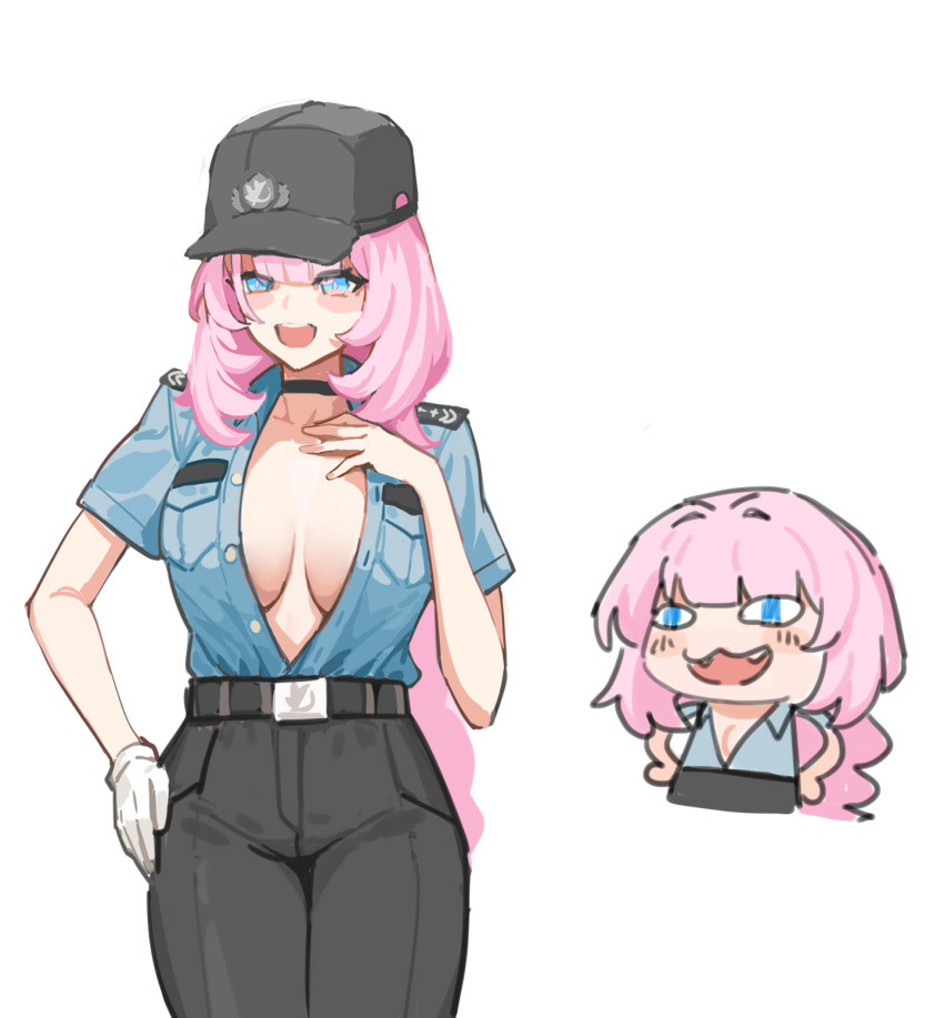 1559265249, 1girl, alternate_costume, belt, black_belt, black_choker, black_hat, black_pants, blue_eyes, blue_shirt, breasts, chibi, choker, commentary_request, elysia_(honkai_impact), gloves, hat, highres, honkai_(series), honkai_impact_3rd, large_breasts, long_hair, looking_at_viewer, multiple_views, no_bra, open_clothes, open_mouth, open_shirt, pants, pink_hair, police, police_uniform, policewoman, shirt, simple_background, single_glove, white_background, white_gloves