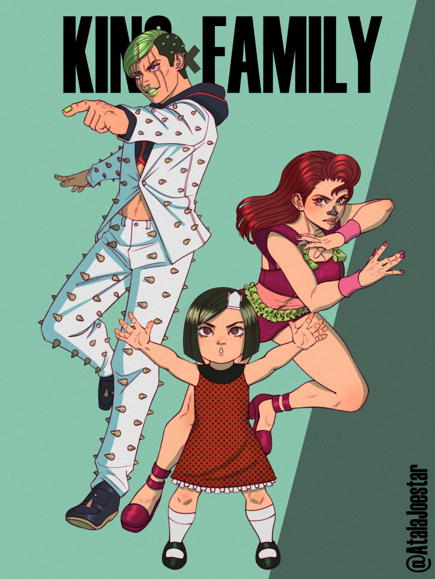 1girl, 2boys, absurdres, atalajoestar, black_hair, black_hood, black_shoes, bob_cut