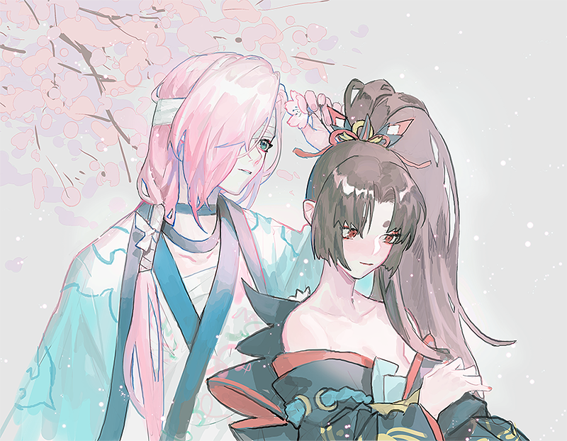 1boy, 1girl, aqua_eyes, arm_up, bandaged_chest, bandaged_head, bandages, brown_hair