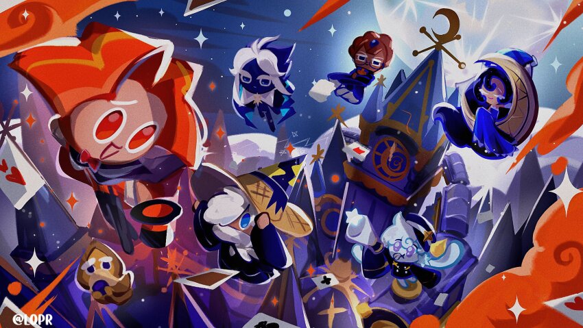 3girls, 4boys, :d, absurdly_long_hair, ace_(playing_card), ace_of_hearts, artist_name, bare_shoulders