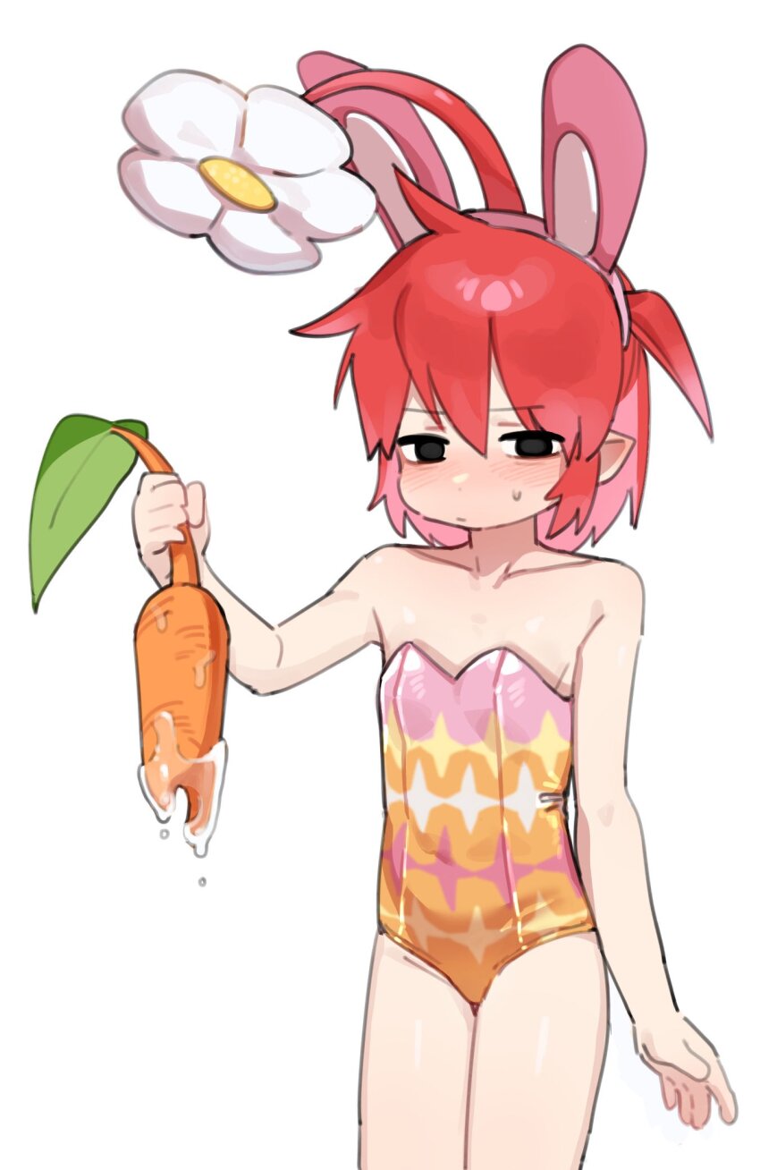 1girl, animal_ears, bare_shoulders, black_eyes, blush, carrot, closed_mouth, fake_animal_ears, flower, food, hair_between_eyes, highres, holding, holding_food, holding_vegetable, hufy, leotard, loli, nintendo, one_side_up, personification, pikmin_(series), pikpik_carrot, playboy_bunny, pointy_ears, rabbit_ears, red_hair, red_pikmin, simple_background, solo, strapless, strapless_leotard, suggestive_fluid, sweat, vegetable, white_background, white_flower
