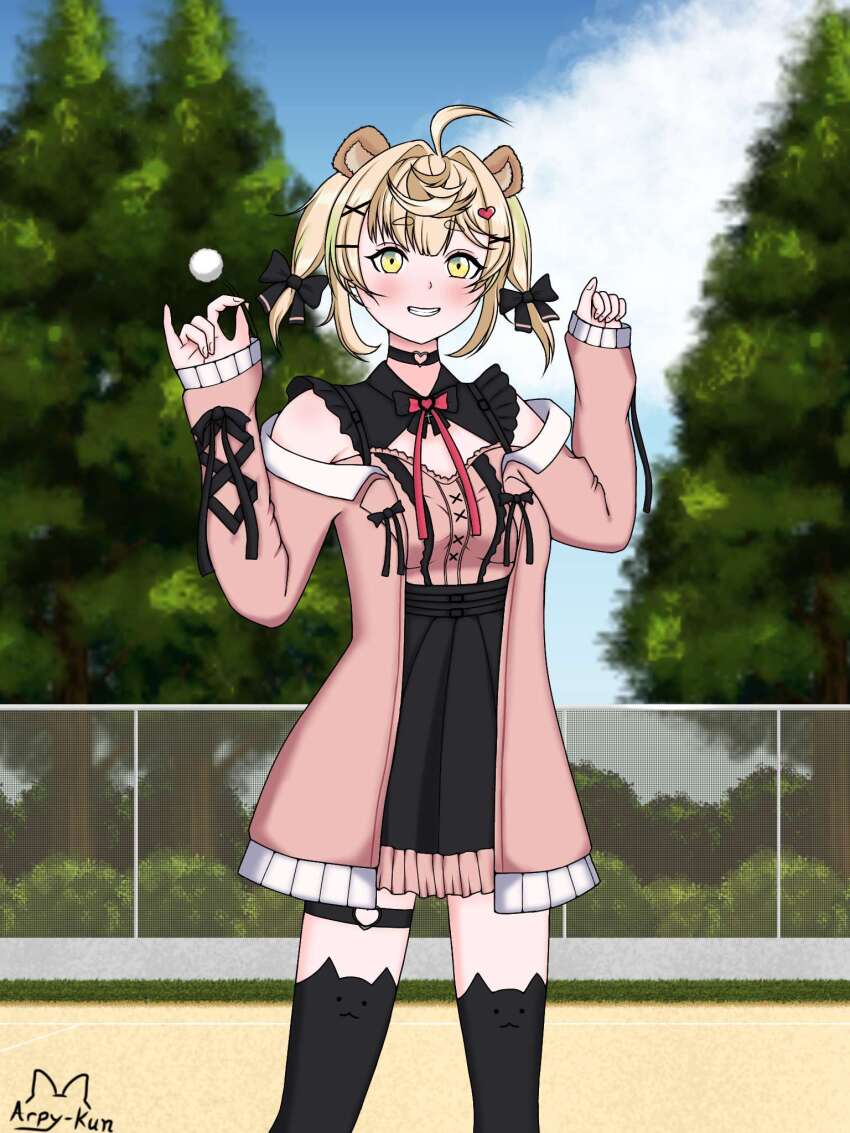 1girl, ahoge, animal_ears, artist_name, blush, bow, bush, chromashift