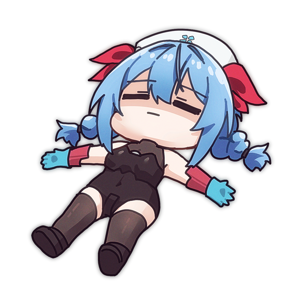 1girl, alpha_transparency, black_leotard, black_shoes, black_thighhighs, blue_gloves, blue_hair, braid