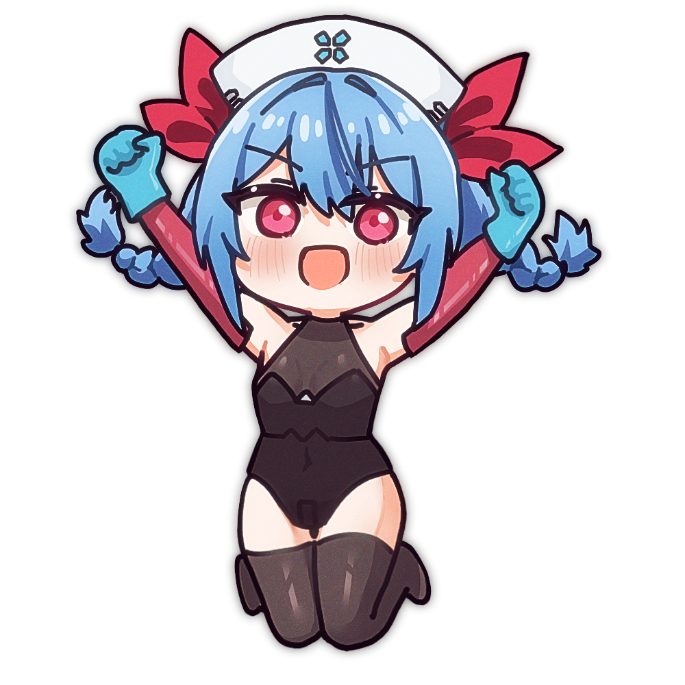 1girl, alpha_transparency, black_leotard, black_thighhighs, blue_gloves, blue_hair, blush, braid