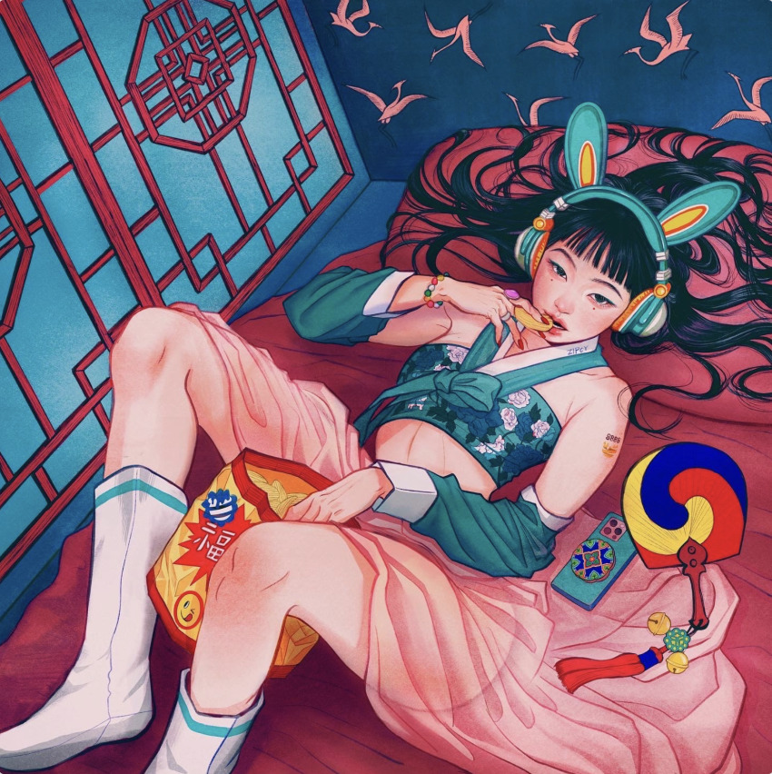 1girl, aegyo_sal, animal_ear_headphones, animal_ears, animal_print, aqua_eyeliner, arm_tattoo, artist_name