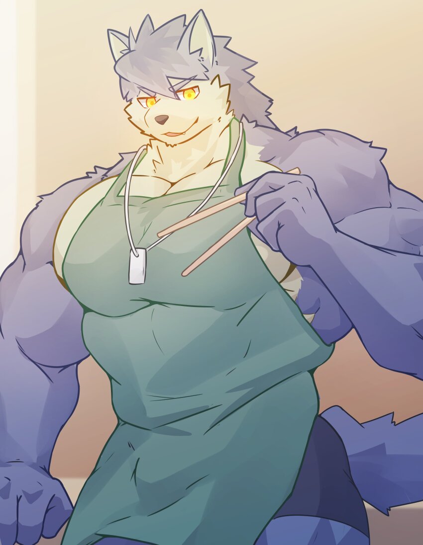 1boy, abs, absurdres, animal_ears, apron, bara, black_shorts, chopsticks, dog_boy, dog_ears, dog_tags, dog_tail, fang, furry, furry_male, green_apron, highres, holding, holding_chopsticks, jaguk9481, jewelry, kouya_aotsuki, male_focus, mixed-language_commentary, morenatsu, muscular, muscular_male, necklace, pectorals, shorts, smile, tail