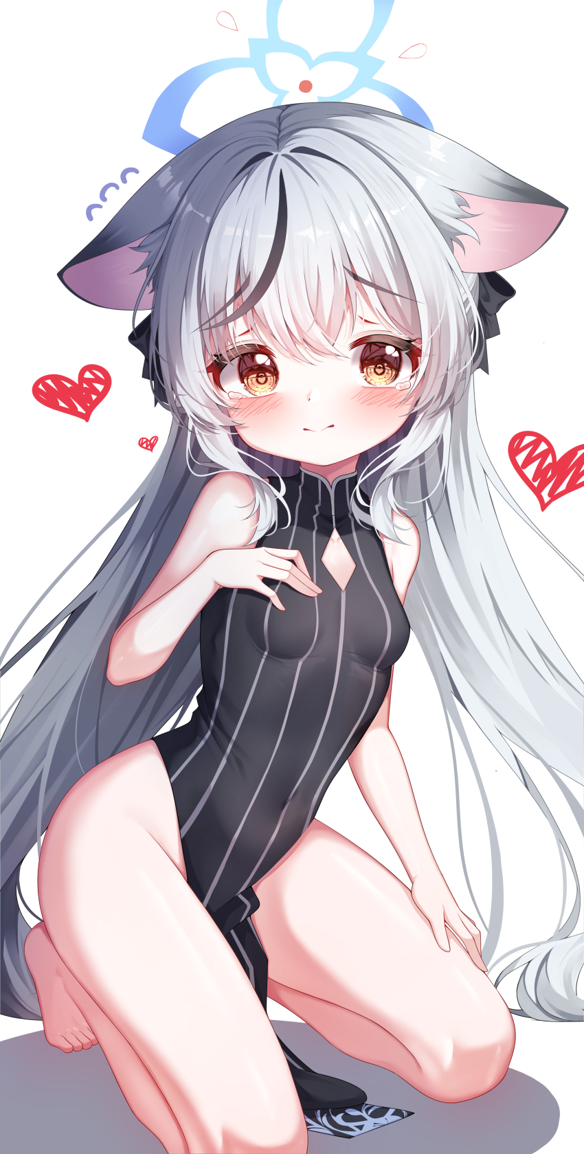 1girl, absurdres, animal_ears, apple, apple_mango, bare_legs, bare_shoulders, barefoot