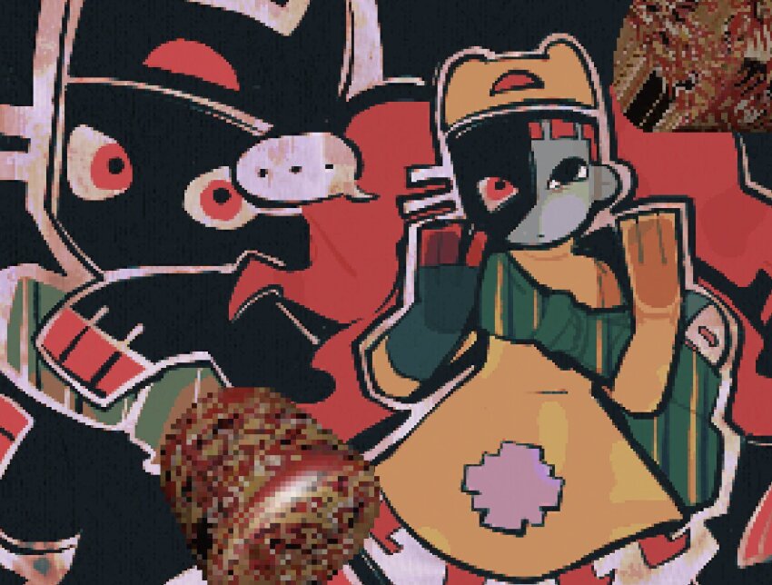 1girl, black_background, cat_girl, dress, ena:_dream_bbq, ena_(series), hat, heterochromia, long_hair, looking_at_viewer, red_eyes, red_hair, simple_background, smile, solo, taski_maiden_(ena), twintails, warwickalantero, yellow_dress, yellow_hat