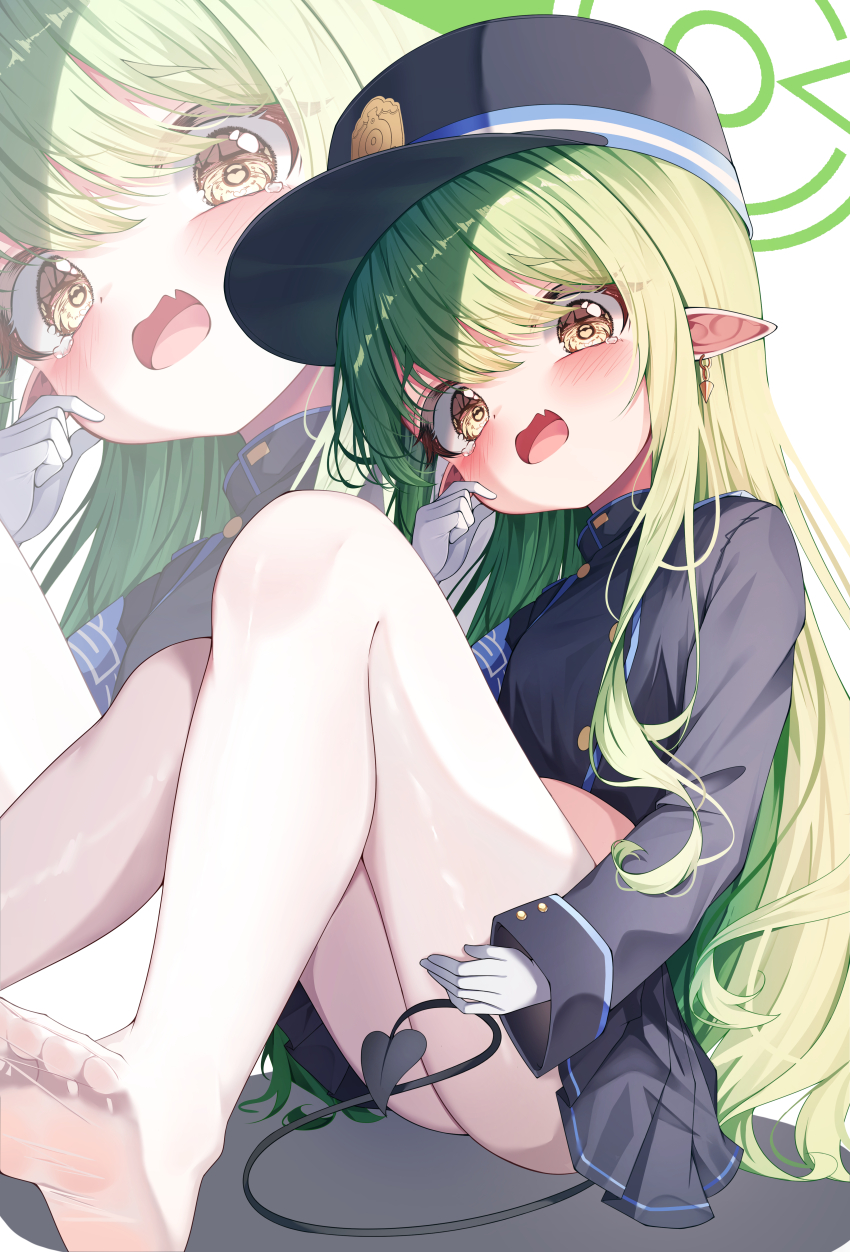 1girl, absurdres, apple_mango, black_hat, black_jacket, black_skirt, blue_archive, blush