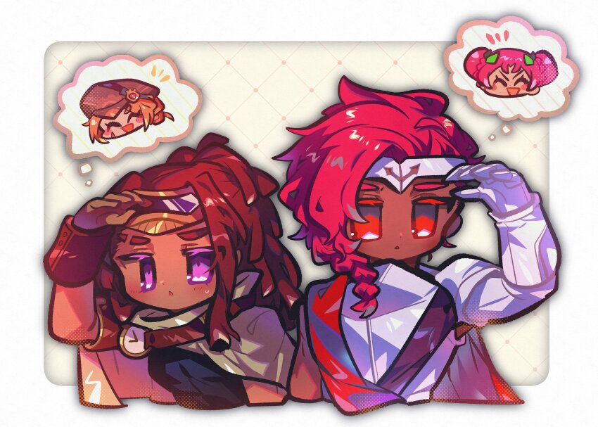 2boys, absurdres, arm_up, armored_gloves, back-to-back, black_shirt, border, braid