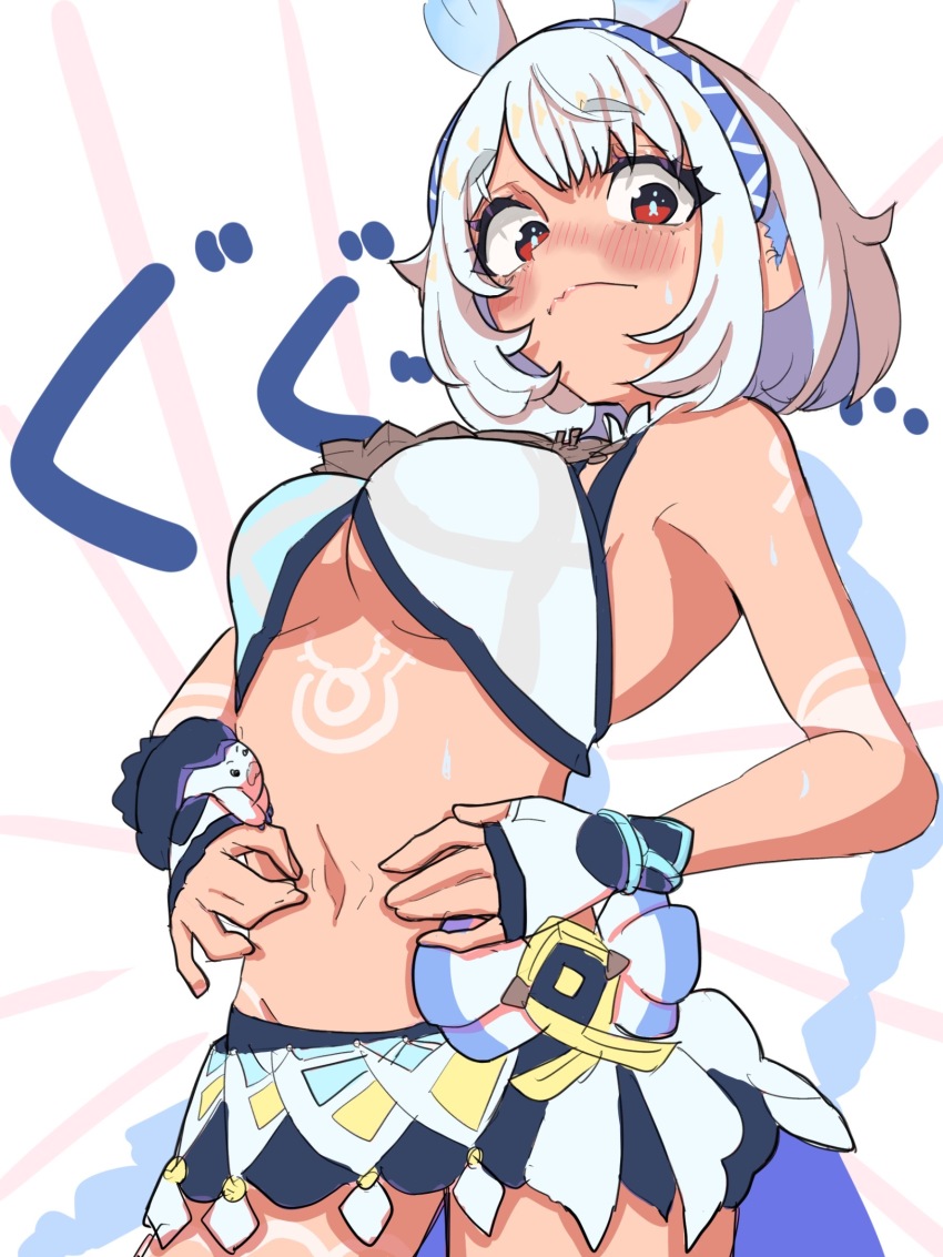 1girl, bare_shoulders, blue_hairband, blush, breasts, closed_mouth, commentary_request, cowboy_shot, dang0r0moti, fingerless_gloves, genshin_impact, gloves, hairband, hands_on_own_stomach, highres, looking_at_viewer, medium_breasts, mualani_(genshin_impact), red_eyes, solo, spread_navel, stomach, tan, underboob, white_gloves, white_hair