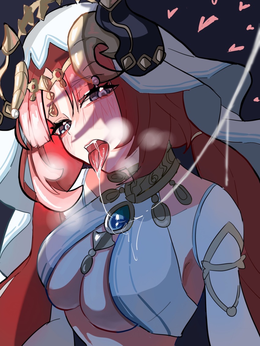 1girl, alternate_breast_size, black_horns, blush, breasts, breath, brooch, commentary_request, dang0r0moti, dark_background, detached_sleeves, fake_horns, genshin_impact, harem_outfit, head_tilt, heart, highres, horns, jewelry, large_breasts, long_hair, looking_at_viewer, low_twintails, neck_ribbon, nilou_(genshin_impact), purple_eyes, red_hair, ribbon, saliva, saliva_trail, solo, teeth, tongue, tongue_out, twintails, underboob, upper_body, upper_teeth_only, veil, white_sleeves, white_veil