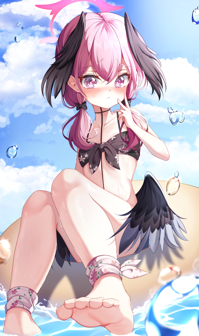 1girl, :<, absurdres, apple_mango, bare_shoulders, barefoot, bikini, black_bikini