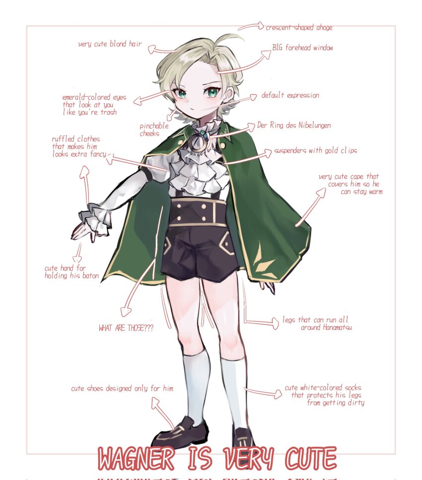 1boy, ahoge, ascot, black_shoes, black_shorts, blonde_hair, cape, character_name, classicaloid, closed_mouth, english_text, green_cape, green_eyes, highres, juliet_sleeves, long_sleeves, male_focus, pointing_out_the_details, puffy_sleeves, richard_wagner_(classicaloid), rmiwalk, shirt, shoes, short_hair, shorts, socks, suspenders, white_ascot, white_shirt, white_socks