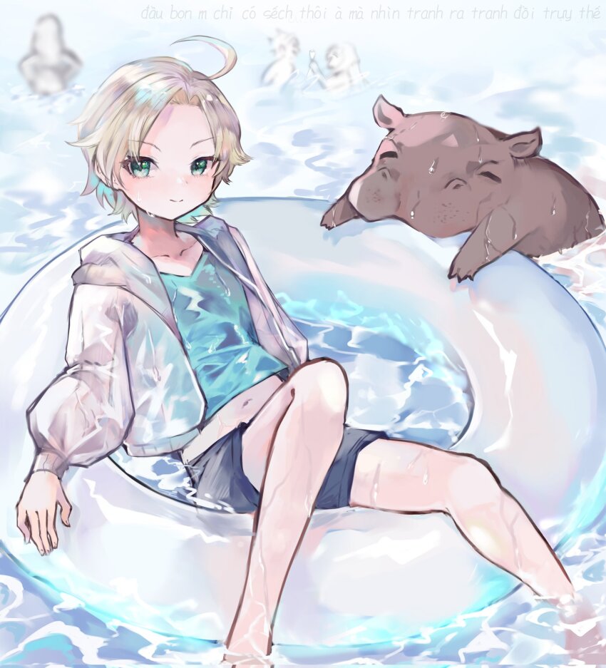 1boy, antonin_dvorak_(classicaloid), blonde_hair, blue_shirt, classicaloid, closed_mouth, collarbone, franz_liszt_(classicaloid), green_eyes, highres, hippopotamus, innertube, looking_at_viewer, ludwig_van_beethoven_(classicaloid), male_focus, male_swimwear, outdoors, puffy_sleeves, richard_wagner_(classicaloid), rmiwalk, shirt, sitting, swim_ring, swim_trunks, translation_request, water, wolfgang_amadeus_mozart_(classicaloid)