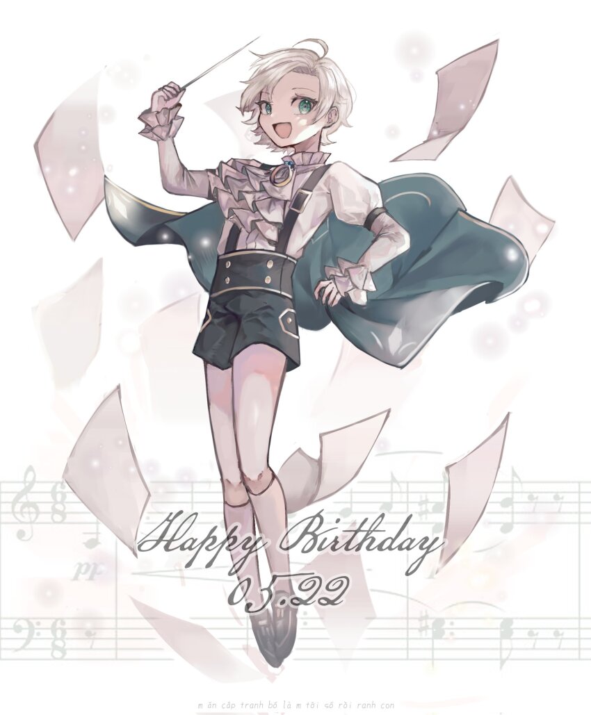 1boy, ahoge, ascot, black_shorts, blonde_hair, cape, classicaloid, eyelashes