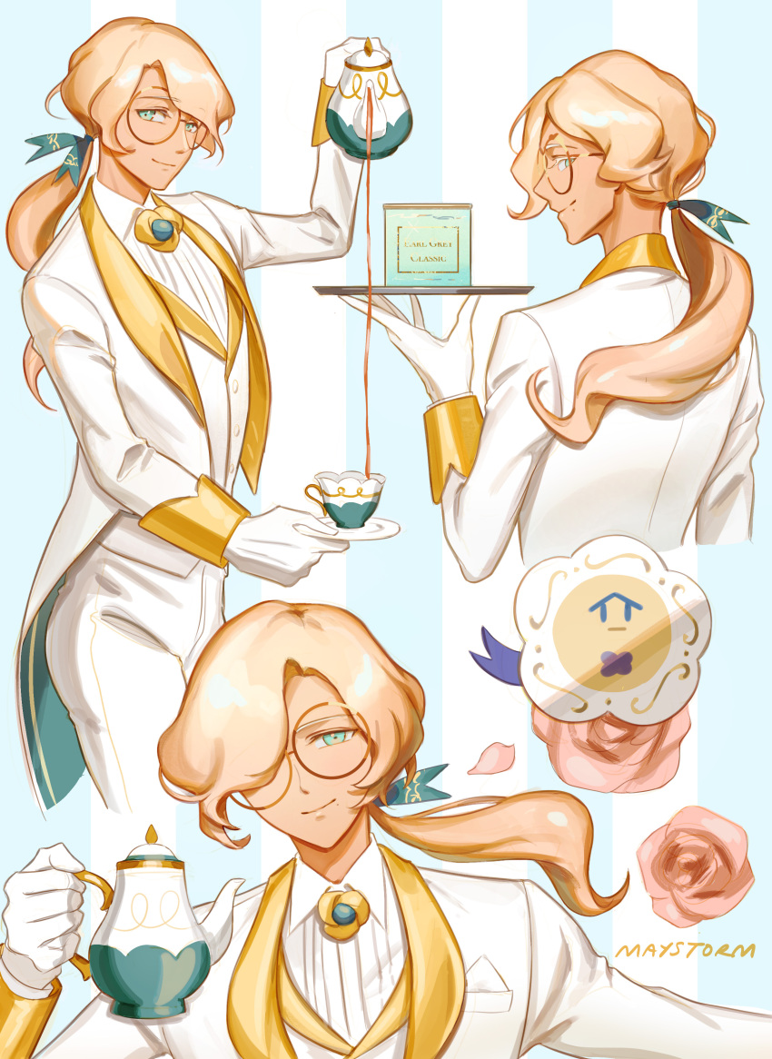 1boy, absurdres, androgynous, arm_up, artist_name, blonde_hair, blue_background, bow