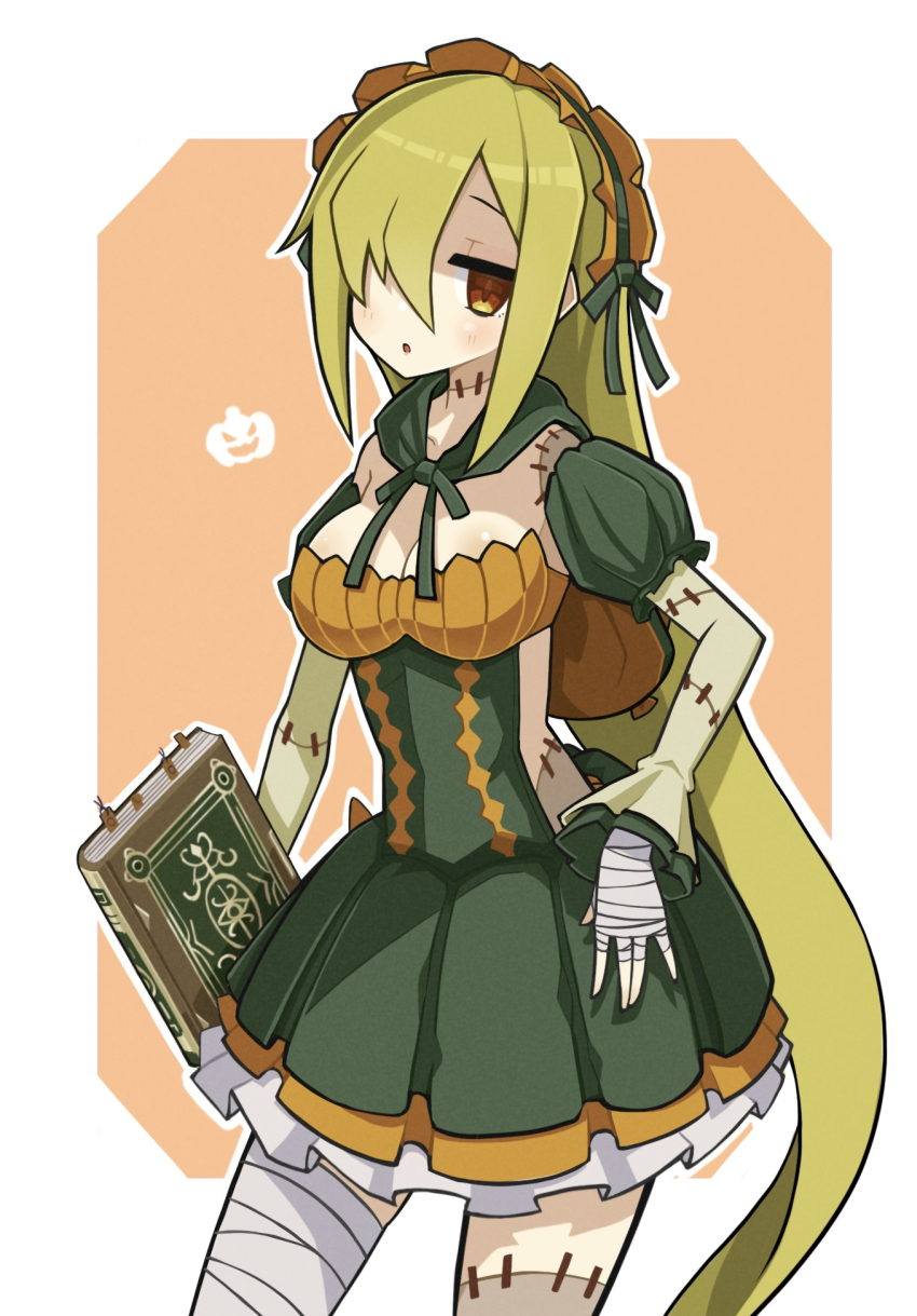 1girl, bandaged_hand, bandaged_leg, bandages, bare_shoulders, blonde_hair, book, border