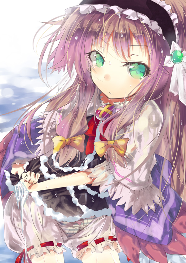 1girl, bloomers, blue_panties, bow, calilica_(ys), capelet, commentary, dress