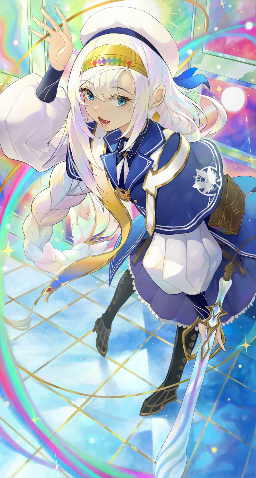 1girl, absurdres, artmage_finmel, black_boots, blue_dress, blue_eyes, book, boots, braid, breasts, dress, duel_monster, fang, full_body, hat, headband, highres, holding, holding_sword, holding_weapon, leaning_forward, long_hair, long_sleeves, mamayu, medium_breasts, open_mouth, parted_lips, puffy_long_sleeves, puffy_sleeves, rainbow, smile, solo, sword, waving, weapon, white_hair, yu-gi-oh!