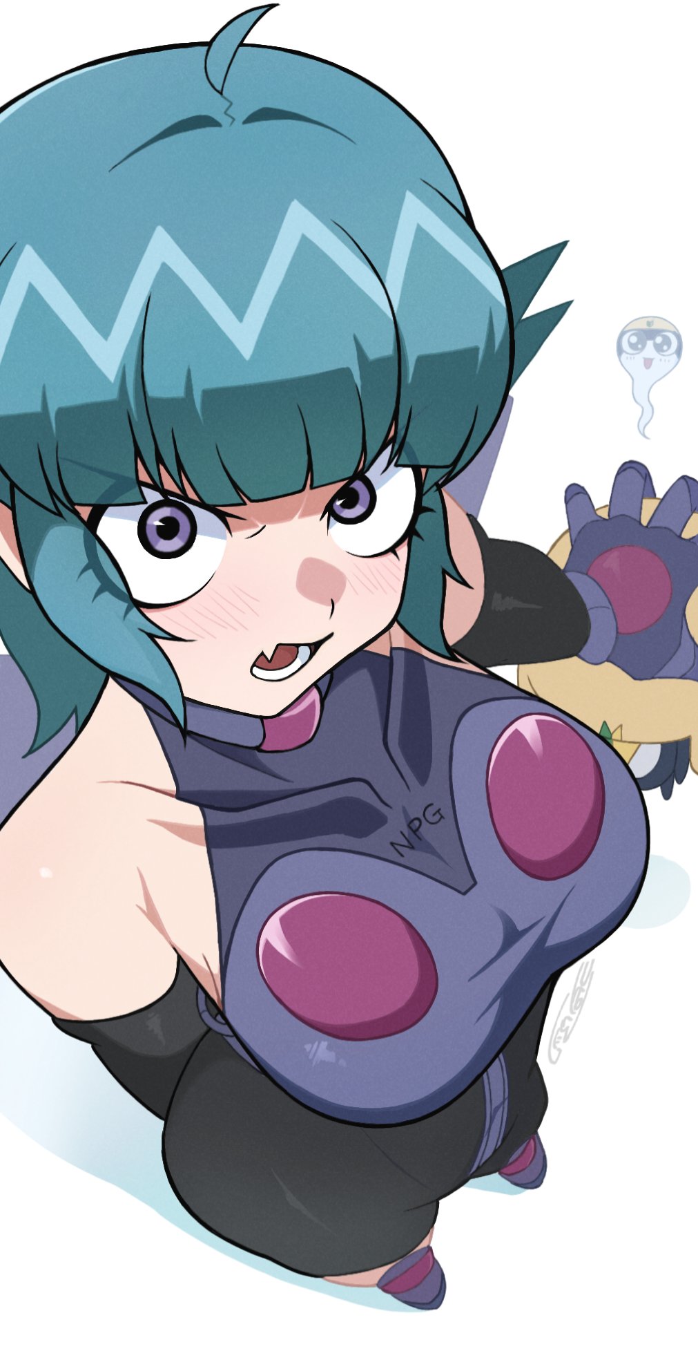armor, bare_shoulders, bike_shorts, blue_hair, breasts, fang, frog_boy, gauntlets