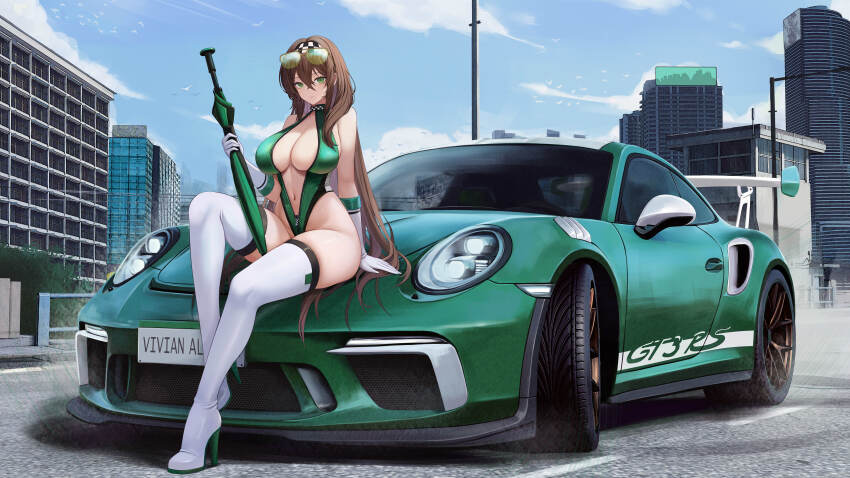1girl, absurdres, bare_shoulders, boots, breasts, brown_hair, car, cleavage, day, eyewear_on_head, folding_umbrella, gloves, green_eyes, green_leotard, high_heel_boots, high_heels, highleg, highleg_leotard, highres, holding, holding_umbrella, kcar66t, knee_up, large_breasts, leotard, long_hair, looking_at_viewer, motor_vehicle, navel, original, outdoors, race_queen, sitting, solo, sports_car, sunglasses, thigh_boots, thighhighs, thighs, umbrella, unzipped, vehicle_request, very_long_hair, white_boots, white_gloves, white_thighhighs, wide_shot, zipper_pull_tab