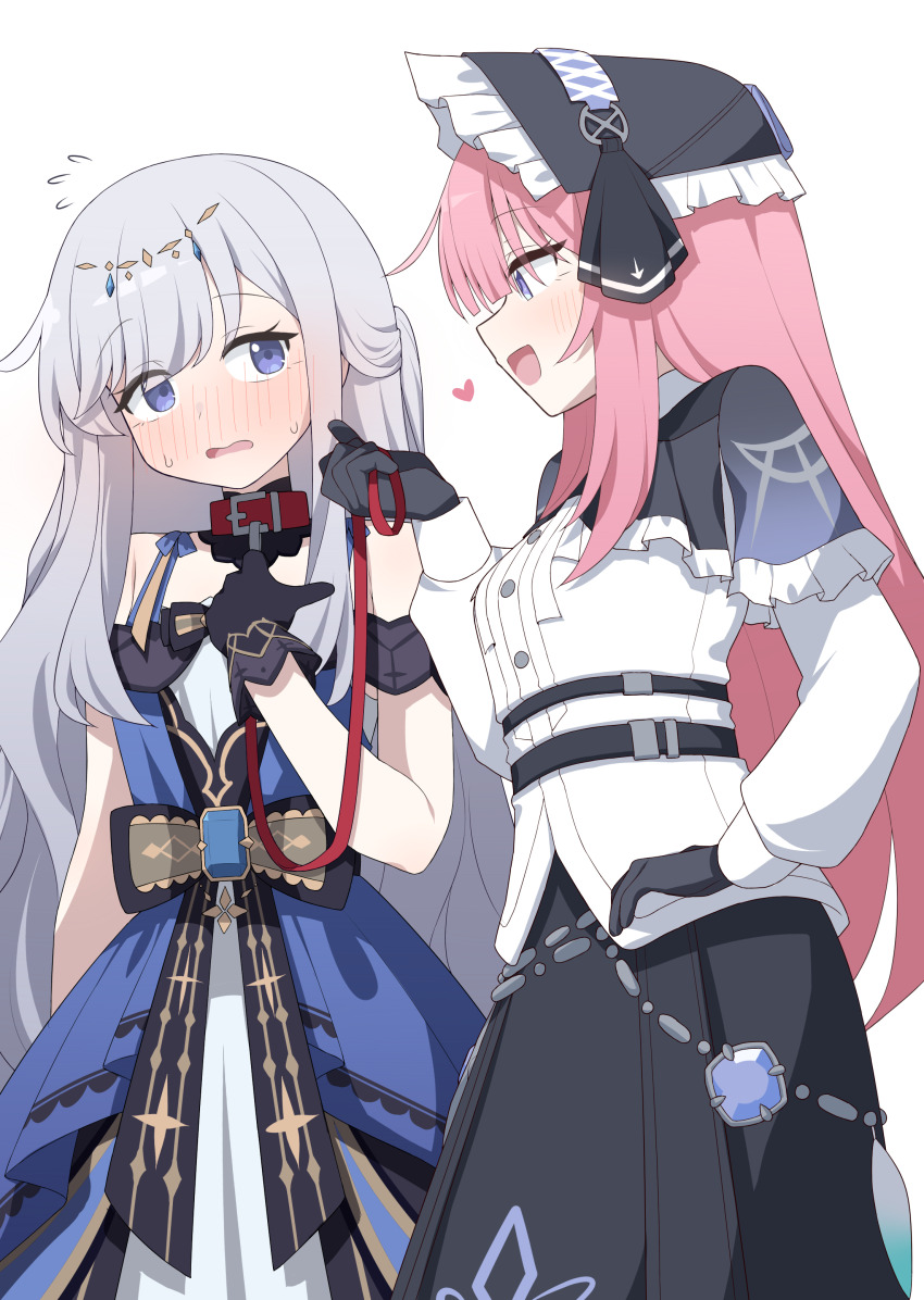 2girls, absurdres, adina_savic, animal_collar, bare_shoulders, black_bonnet, black_bow, black_gloves