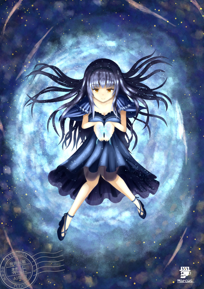 1girl, black_hair, black_hairband, blue_capelet, blue_shoes, bone_hair_ornament, breasts, bug, butterfly, capelet, cleavage, closed_mouth, collarbone, dress, full_body, hair_ornament, hairband, high_heels, highres, holding_butterfly, insect, knees_apart_feet_together, kushima_kamome, long_hair, magic, medium_dress, no_socks, shinshi_marcus, shoes, signature, skull_and_crossbones, skull_hair_ornament, solo, summer_pockets, watermark, yellow_eyes