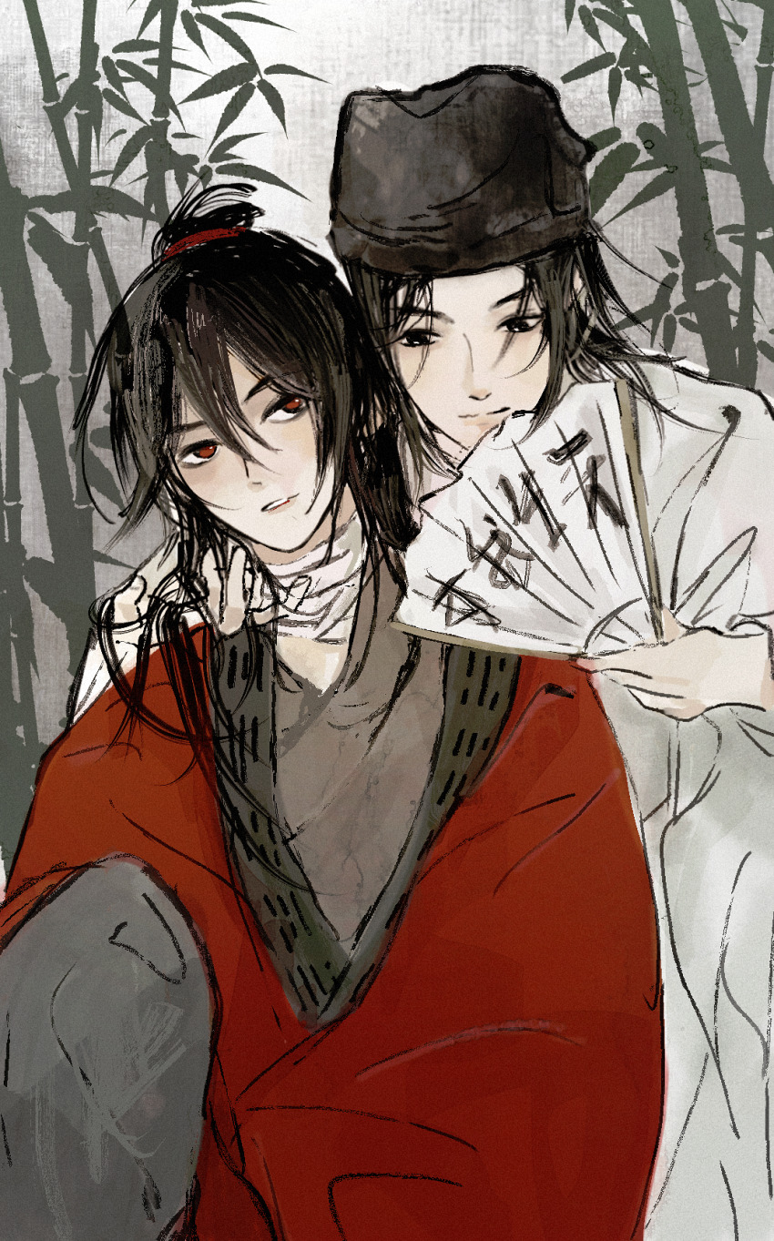 2boys, aaawwwssslll, bamboo, bamboo_forest, bandages, bishounen, black_eyes, black_hair