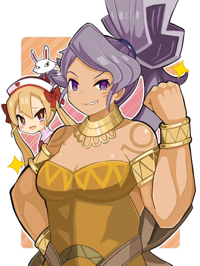 2girls, bare_shoulders, blush, border, bow, bracelet, breasts, character_request